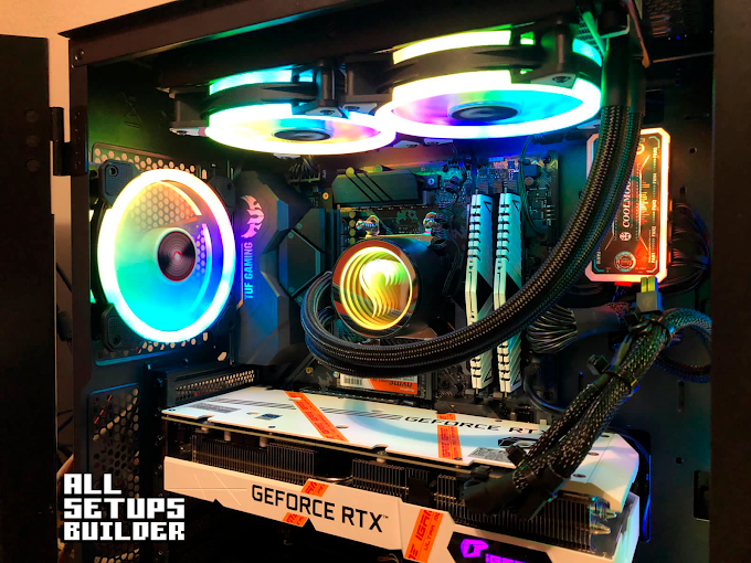 Setup gamer montado pela AllSetupsBuilder — water cooler RGB, RTX, gabinete iluminado